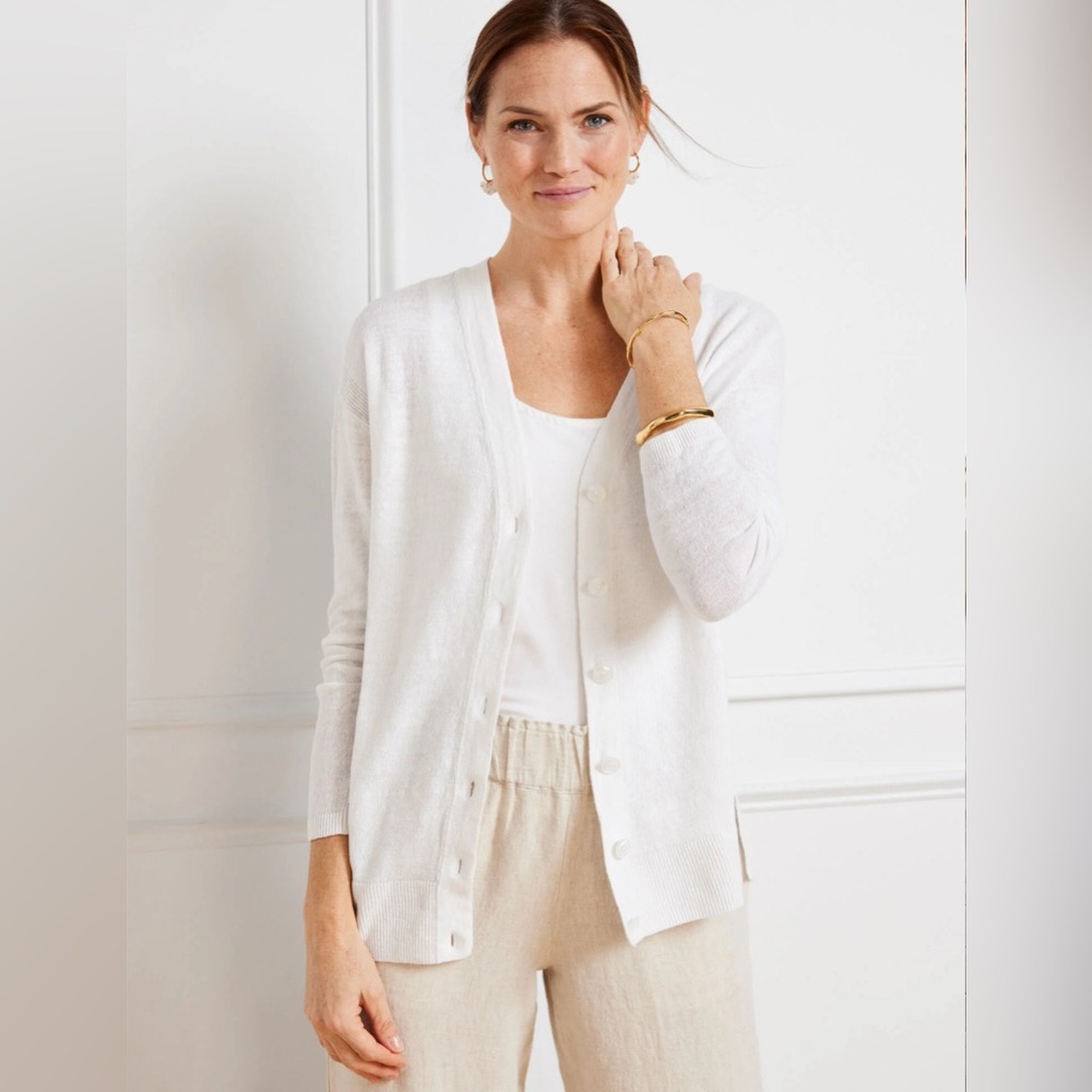 Talbots White Linen Girlfriend Cardigan Size M